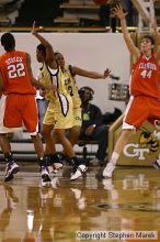The Georgia Tech women's basketball team played Clemson.

Filename: img_0712_std.jpg
Aperture: f/2.8
Shutter Speed: 1/320
Body: Canon EOS DIGITAL REBEL
Lens: Canon EF 80-200mm f/2.8 L