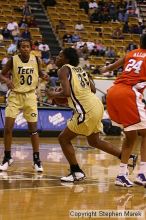 The Georgia Tech women's basketball team played Clemson.

Filename: img_0599_std.jpg
Aperture: f/2.8
Shutter Speed: 1/320
Body: Canon EOS DIGITAL REBEL
Lens: Canon EF 80-200mm f/2.8 L