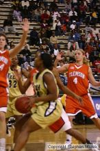 The Georgia Tech women's basketball team played Clemson.

Filename: img_0706_std.jpg
Aperture: f/2.8
Shutter Speed: 1/320
Body: Canon EOS DIGITAL REBEL
Lens: Canon EF 80-200mm f/2.8 L