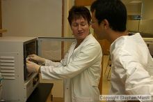 Lilya Matyunina trains new graduate student Masahin Kajita in the Ovarian Cancer Institute lab located in IBB.

Filename: crw_0805_std.jpg
Aperture: f/5.0
Shutter Speed: 1/60
Body: Canon EOS DIGITAL REBEL
Lens: Canon EF-S 18-55mm f/3.5-5.6