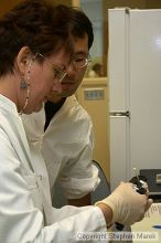 Lilya Matyunina trains new graduate student Masahin Kajita in the Ovarian Cancer Institute lab located in IBB.

Filename: crw_0797_std.jpg
Aperture: f/5.6
Shutter Speed: 1/60
Body: Canon EOS DIGITAL REBEL
Lens: Canon EF-S 18-55mm f/3.5-5.6