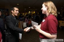 Amin Zargar speaks with a recruiter at the career fair.
Filename: crw_0770_std.jpg
Aperture: f/5.0
Shutter Speed: 1/60
Body: Canon EOS DIGITAL REBEL
Lens: Canon EF-S 18-55mm f/3.5-5.6
