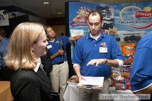 Robyn Smith speaks with a recruiter at the career fair.

Filename: crw_0775_std.jpg
Aperture: f/5.0
Shutter Speed: 1/60
Body: Canon EOS DIGITAL REBEL
Lens: Canon EF-S 18-55mm f/3.5-5.6