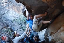 Bouldering in Hueco Tanks on 01/20/2019 with Blue Lizard Climbing and Yoga

Filename: SRM_20190120_1147471.jpg
Aperture: f/3.2
Shutter Speed: 1/250
Body: Canon EOS-1D Mark II
Lens: Canon EF 50mm f/1.8 II