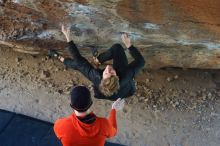 Bouldering in Hueco Tanks on 01/26/2019 with Blue Lizard Climbing and Yoga

Filename: SRM_20190126_1340070.jpg
Aperture: f/3.2
Shutter Speed: 1/250
Body: Canon EOS-1D Mark II
Lens: Canon EF 50mm f/1.8 II