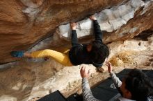 Bouldering in Hueco Tanks on 03/30/2019 with Blue Lizard Climbing and Yoga

Filename: SRM_20190330_1618361.jpg
Aperture: f/5.6
Shutter Speed: 1/250
Body: Canon EOS-1D Mark II
Lens: Canon EF 16-35mm f/2.8 L