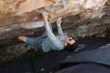 Bouldering in Hueco Tanks on 06/15/2019 with Blue Lizard Climbing and Yoga
Filename: SRM_20190615_1145140.jpg
Aperture: f/4.0
Shutter Speed: 1/400
Body: Canon EOS-1D Mark II
Lens: Canon EF 50mm f/1.8 II