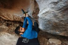 Bouldering in Hueco Tanks on 11/17/2019 with Blue Lizard Climbing and Yoga
Filename: SRM_20191117_1802010.jpg
Aperture: f/2.8
Shutter Speed: 1/200
Body: Canon EOS-1D Mark II
Lens: Canon EF 16-35mm f/2.8 L