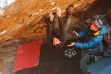 Bouldering in Hueco Tanks on 01/03/2020 with Blue Lizard Climbing and Yoga
Filename: SRM_20200103_1627180.jpg
Aperture: f/3.2
Shutter Speed: 1/250
Body: Canon EOS-1D Mark II
Lens: Canon EF 50mm f/1.8 II