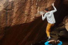 Bouldering in Hueco Tanks on 01/27/2020 with Blue Lizard Climbing and Yoga
Filename: SRM_20200127_1136002.jpg
Aperture: f/7.1
Shutter Speed: 1/320
Body: Canon EOS-1D Mark II
Lens: Canon EF 50mm f/1.8 II