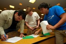 Javier Alarcia, Andrew Hanson, and Alex Tang, from left, signing in at the Engineering Council meeting, Monday, February 19, 2007.
Filename: SRM_20070219_1856481.jpg
Aperture: f/8.0
Shutter Speed: 1/100
Body: Canon EOS-1D Mark II
Lens: Sigma 15-30mm f/3.5-4.5 EX Aspherical DG DF