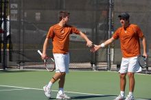 Luis Diaz Barriga and Bernhard Deussner. The University of Texas (UT) men's tennis team defeated Georgia Tech (GT) Saturday, February 24, 2007..
Filename: SRM_20070224_1335522.jpg
Aperture: f/5.0
Shutter Speed: 1/1600
Body: Canon EOS-1D Mark II
Lens: Canon EF 80-200mm f/2.8 L