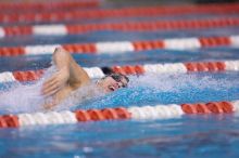 UT sophomore Ricky Berens won the 200 yard freestyle with a time of 1:37.56.  The University of Texas Longhorns defeated The University of Georgia Bulldogs 157-135 on Saturday, January 12, 2008.

Filename: SRM_20080112_1118208.jpg
Aperture: f/2.8
Shutter Speed: 1/400
Body: Canon EOS-1D Mark II
Lens: Canon EF 300mm f/2.8 L IS