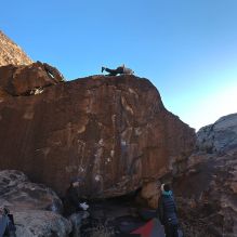 Blue Lizard Climbing and Yoga Hueco Tanks guiding on December 9, 2023, with Cheyenne, Emily, Nick K, and Nick P