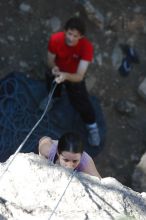 Beth Marek top rope climbing Roo Dog (5.8) with Andrew Dreher belaying, taken from the anchors of the route. It was Beth's third time outside, and another long day of rock climbing at Seismic Wall on Austin's Barton Creek Greenbelt, Monday, May 25, 2009.
Filename: SRM_20090525_09404780.JPG
Aperture: f/4.0
Shutter Speed: 1/500
Body: Canon EOS-1D Mark II
Lens: Canon EF 80-200mm f/2.8 L
