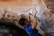 Bouldering in Hueco Tanks on 11/02/2018 with Blue Lizard Climbing and Yoga
Filename: SRM_20181102_1157430.jpg
Aperture: f/2.0
Shutter Speed: 1/400
Body: Canon EOS-1D Mark II
Lens: Canon EF 85mm f/1.2 L II
