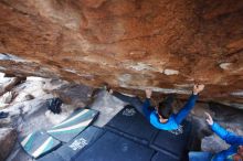 Bouldering in Hueco Tanks on 11/24/2018 with Blue Lizard Climbing and Yoga
Filename: SRM_20181124_1620580.jpg
Aperture: f/2.8
Shutter Speed: 1/250
Body: Canon EOS-1D Mark II
Lens: Canon EF 16-35mm f/2.8 L