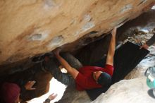Bouldering in Hueco Tanks on 11/09/2018 with Blue Lizard Climbing and Yoga
Filename: SRM_20181109_1602230.jpg
Aperture: f/2.0
Shutter Speed: 1/50
Body: Canon EOS-1D Mark II
Lens: Canon EF 50mm f/1.8 II