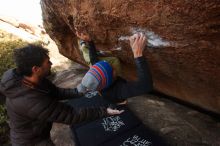 Bouldering in Hueco Tanks on 12/14/2018 with Blue Lizard Climbing and Yoga
Filename: SRM_20181214_1558290.jpg
Aperture: f/5.6
Shutter Speed: 1/250
Body: Canon EOS-1D Mark II
Lens: Canon EF 16-35mm f/2.8 L