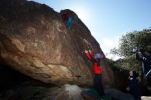 Bouldering in Hueco Tanks on 01/01/2019 with Blue Lizard Climbing and Yoga
Filename: SRM_20190101_1228450.jpg
Aperture: f/7.1
Shutter Speed: 1/250
Body: Canon EOS-1D Mark II
Lens: Canon EF 16-35mm f/2.8 L