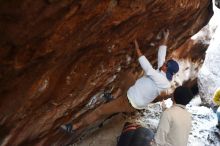 Bouldering in Hueco Tanks on 01/18/2019 with Blue Lizard Climbing and Yoga
Filename: SRM_20190118_1609140.jpg
Aperture: f/2.2
Shutter Speed: 1/100
Body: Canon EOS-1D Mark II
Lens: Canon EF 50mm f/1.8 II