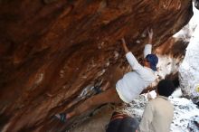 Bouldering in Hueco Tanks on 01/18/2019 with Blue Lizard Climbing and Yoga
Filename: SRM_20190118_1609150.jpg
Aperture: f/2.2
Shutter Speed: 1/100
Body: Canon EOS-1D Mark II
Lens: Canon EF 50mm f/1.8 II