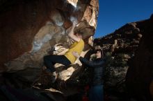 Bouldering in Hueco Tanks on 01/26/2019 with Blue Lizard Climbing and Yoga
Filename: SRM_20190126_1637250.jpg
Aperture: f/6.3
Shutter Speed: 1/250
Body: Canon EOS-1D Mark II
Lens: Canon EF 16-35mm f/2.8 L