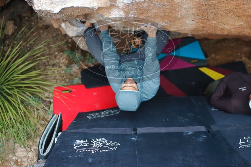 Bouldering in Hueco Tanks on 12/28/2019 with Blue Lizard Climbing and Yoga

Filename: SRM_20191228_1703410.jpg
Aperture: f/2.5
Shutter Speed: 1/250
Body: Canon EOS-1D Mark II
Lens: Canon EF 50mm f/1.8 II