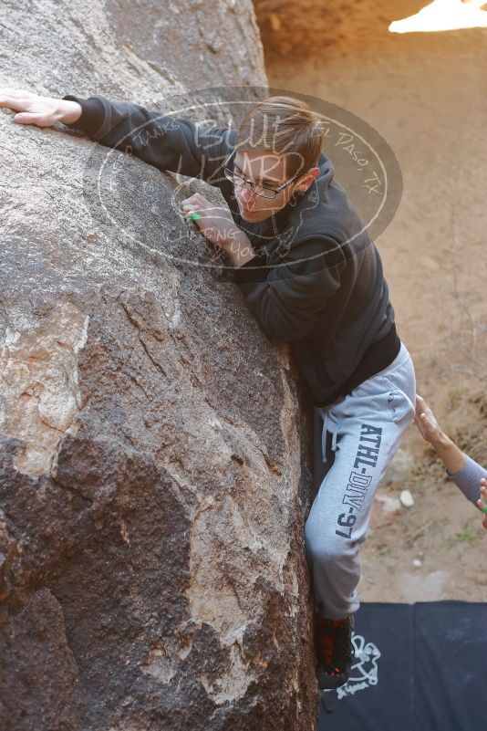 Bouldering in Hueco Tanks on 01/19/2020 with Blue Lizard Climbing and Yoga

Filename: SRM_20200119_1234580.jpg
Aperture: f/3.5
Shutter Speed: 1/250
Body: Canon EOS-1D Mark II
Lens: Canon EF 50mm f/1.8 II