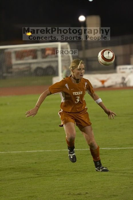 Carrie Schmit, #3.  The lady longhorns beat Texas A&M 1-0 in soccer Friday night.

Filename: SRM_20061027_1916582.jpg
Aperture: f/4.0
Shutter Speed: 1/500
Body: Canon EOS 20D
Lens: Canon EF 80-200mm f/2.8 L