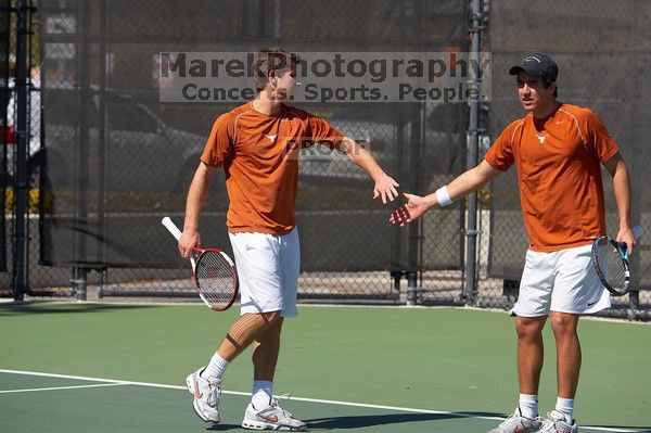 Luis Diaz Barriga and Bernhard Deussner.  The University of Texas (UT) men's tennis team defeated Georgia Tech (GT) Saturday, February 24, 2007..

Filename: SRM_20070224_1335522.jpg
Aperture: f/5.0
Shutter Speed: 1/1600
Body: Canon EOS-1D Mark II
Lens: Canon EF 80-200mm f/2.8 L