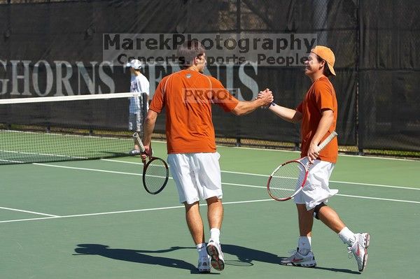 Luis Diaz Barriga and Bernhard Deussner (UT) defeated Jordan Delass and George Gvelesiani (GT) 8-4 at the third position in doubles.  The University of Texas (UT) men's tennis team defeated Georgia Tech (GT) Saturday, February 24, 2007.

Filename: SRM_20070224_1350549.jpg
Aperture: f/5.0
Shutter Speed: 1/2500
Body: Canon EOS-1D Mark II
Lens: Canon EF 80-200mm f/2.8 L