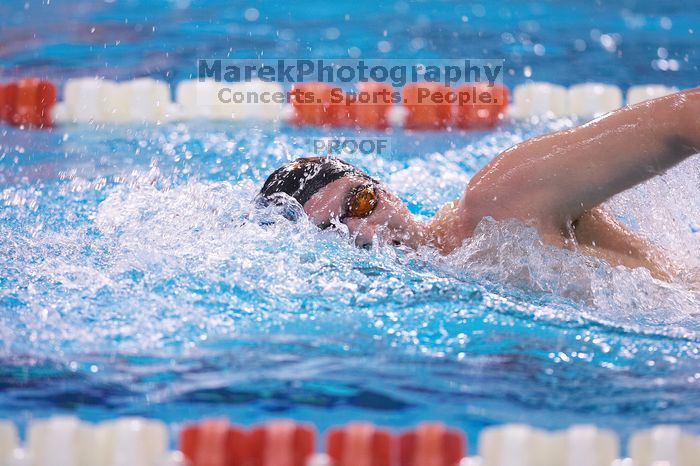 UT sophomore Trey Hoover took fifth in the 1000 yard freestyle with a time of 9:47.70.  The University of Texas Longhorns defeated The University of Georgia Bulldogs 157-135 on Saturday, January 12, 2008.

Filename: SRM_20080112_1111409.jpg
Aperture: f/2.8
Shutter Speed: 1/400
Body: Canon EOS-1D Mark II
Lens: Canon EF 300mm f/2.8 L IS