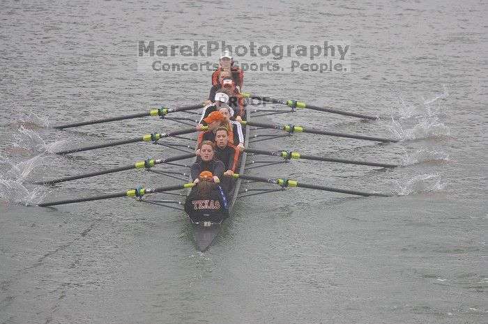 The Longhorns first varsity eight of coxswain Mary Cait McPherson, stroke Luise Fleischhauer, Callie Mattrisch, Jen Vander Maarel, Kellie Lunday, Jelena Zunic, Emilie Sallee, Alex Janss and Nancy Arrington placed first with a time of 28:09.00.  The women's rowing team competed in the 2008 Fighting Nutria on Saturday, February 16, 2008.

Filename: SRM_20080216_0827107.jpg
Aperture: f/4.0
Shutter Speed: 1/800
Body: Canon EOS-1D Mark II
Lens: Canon EF 300mm f/2.8 L IS