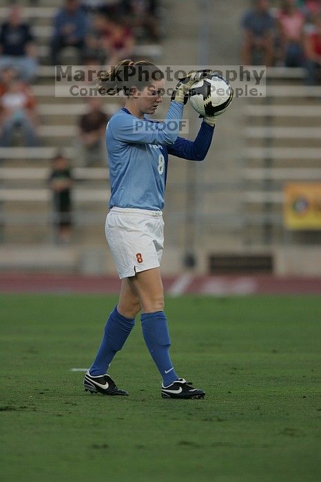 UT senior Dianna Pfenninger (#8, Goalkeeper).  The University of Texas women's soccer team tied 0-0 against the Texas A&M Aggies Friday night, September 27, 2008.

Filename: SRM_20080926_1905140.jpg
Aperture: f/4.0
Shutter Speed: 1/1000
Body: Canon EOS-1D Mark II
Lens: Canon EF 300mm f/2.8 L IS