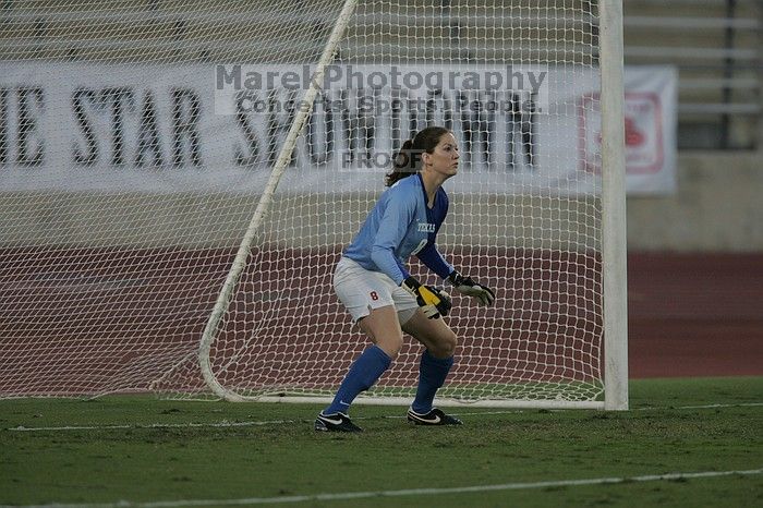 UT senior Dianna Pfenninger (#8, Goalkeeper) waits for a shot.  The University of Texas women's soccer team tied 0-0 against the Texas A&M Aggies Friday night, September 27, 2008.

Filename: SRM_20080926_1918068.jpg
Aperture: f/4.0
Shutter Speed: 1/800
Body: Canon EOS-1D Mark II
Lens: Canon EF 300mm f/2.8 L IS