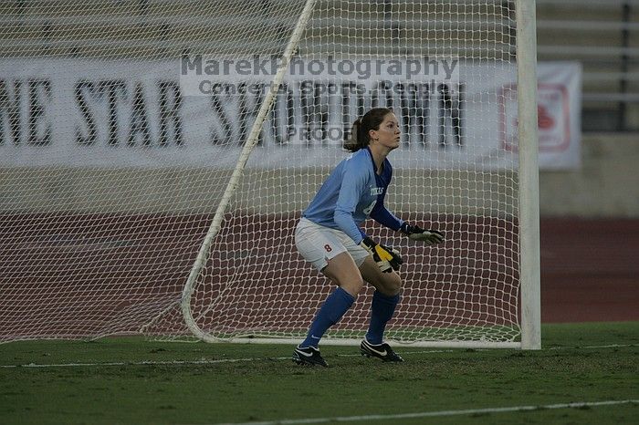 UT senior Dianna Pfenninger (#8, Goalkeeper) waits for a shot.  The University of Texas women's soccer team tied 0-0 against the Texas A&M Aggies Friday night, September 27, 2008.

Filename: SRM_20080926_1918089.jpg
Aperture: f/4.0
Shutter Speed: 1/1000
Body: Canon EOS-1D Mark II
Lens: Canon EF 300mm f/2.8 L IS