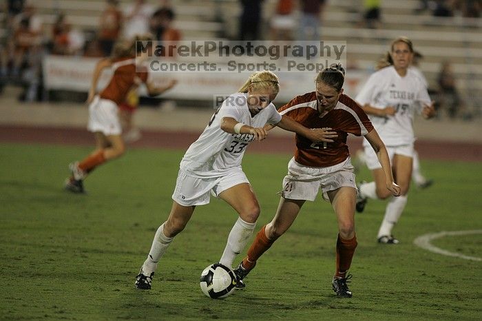 UT junior Emily Anderson (#21, Forward) plays defense on A&M #33.  The University of Texas women's soccer team tied 0-0 against the Texas A&M Aggies Friday night, September 27, 2008.

Filename: SRM_20080926_2027421.jpg
Aperture: f/2.8
Shutter Speed: 1/640
Body: Canon EOS-1D Mark II
Lens: Canon EF 300mm f/2.8 L IS