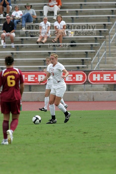 UT freshman Kylie Doniak (#15, Midfielder).  The University of Texas women's soccer team won 2-1 against the Iowa State Cyclones Sunday afternoon, October 5, 2008.

Filename: SRM_20081005_12064485.jpg
Aperture: f/5.6
Shutter Speed: 1/1600
Body: Canon EOS-1D Mark II
Lens: Canon EF 300mm f/2.8 L IS