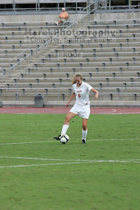UT freshman Lucy Keith (#6, Midfielder) in the second half.  The University of Texas women's soccer team won 2-1 against the Iowa State Cyclones Sunday afternoon, October 5, 2008.

Filename: SRM_20081005_13072294.jpg
Aperture: f/5.6
Shutter Speed: 1/1250
Body: Canon EOS-1D Mark II
Lens: Canon EF 300mm f/2.8 L IS