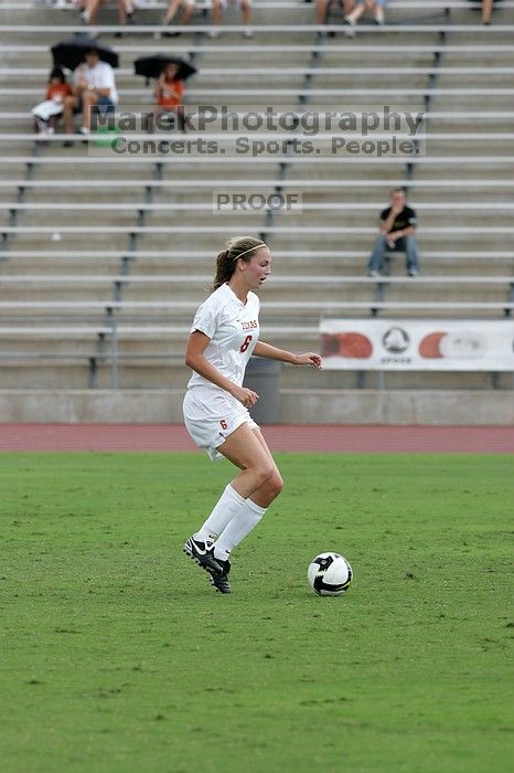 UT freshman Lucy Keith (#6, Midfielder) in the second half.  The University of Texas women's soccer team won 2-1 against the Iowa State Cyclones Sunday afternoon, October 5, 2008.

Filename: SRM_20081005_13073014.jpg
Aperture: f/5.6
Shutter Speed: 1/1250
Body: Canon EOS-1D Mark II
Lens: Canon EF 300mm f/2.8 L IS