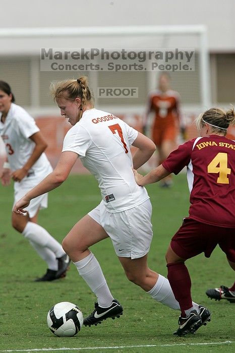 UT freshman Courtney Goodson (#7, Forward and Midfielder) in the second half.  The University of Texas women's soccer team won 2-1 against the Iowa State Cyclones Sunday afternoon, October 5, 2008.

Filename: SRM_20081005_13210465.jpg
Aperture: f/5.6
Shutter Speed: 1/2000
Body: Canon EOS-1D Mark II
Lens: Canon EF 300mm f/2.8 L IS