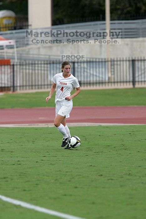 UT senior Jill Gilbeau (#4, Defender and Midfielder) in the second half.  The University of Texas women's soccer team won 2-1 against the Iowa State Cyclones Sunday afternoon, October 5, 2008.

Filename: SRM_20081005_13275863.jpg
Aperture: f/5.6
Shutter Speed: 1/1250
Body: Canon EOS-1D Mark II
Lens: Canon EF 300mm f/2.8 L IS