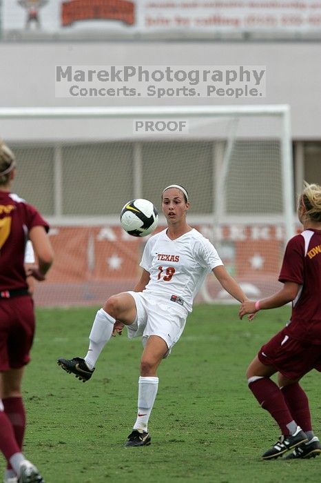 UT sophomore Erica Campanelli (#19, Defender) in the second half.  The University of Texas women's soccer team won 2-1 against the Iowa State Cyclones Sunday afternoon, October 5, 2008.

Filename: SRM_20081005_13282883.jpg
Aperture: f/5.6
Shutter Speed: 1/1600
Body: Canon EOS-1D Mark II
Lens: Canon EF 300mm f/2.8 L IS