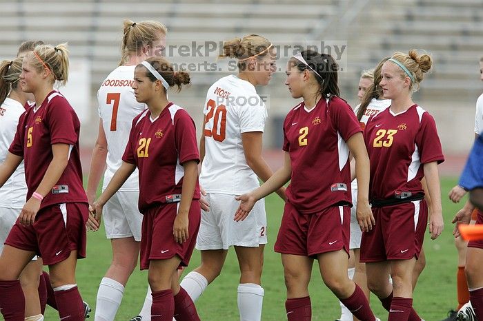 The University of Texas women's soccer team won 2-1 against the Iowa State Cyclones Sunday afternoon, October 5, 2008.

Filename: SRM_20081005_13472236.jpg
Aperture: f/5.6
Shutter Speed: 1/1250
Body: Canon EOS-1D Mark II
Lens: Canon EF 300mm f/2.8 L IS