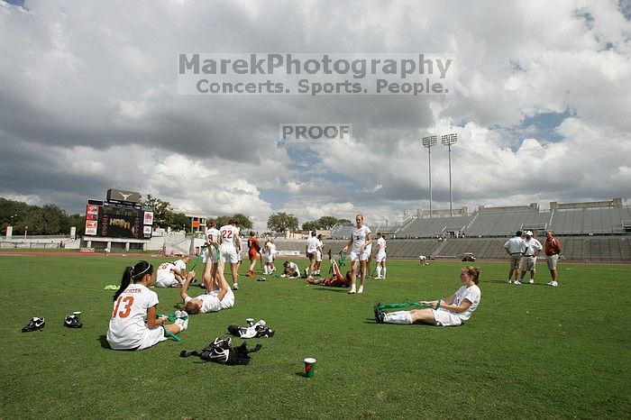 The team stretches after the match.  The University of Texas women's soccer team won 2-1 against the Iowa State Cyclones Sunday afternoon, October 5, 2008.

Filename: SRM_20081005_13523644.jpg
Aperture: f/8.0
Shutter Speed: 1/500
Body: Canon EOS-1D Mark II
Lens: Canon EF 16-35mm f/2.8 L