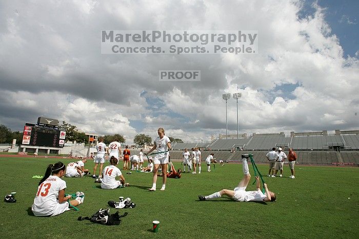 The team stretches after the match.  The University of Texas women's soccer team won 2-1 against the Iowa State Cyclones Sunday afternoon, October 5, 2008.

Filename: SRM_20081005_13523845.jpg
Aperture: f/8.0
Shutter Speed: 1/500
Body: Canon EOS-1D Mark II
Lens: Canon EF 16-35mm f/2.8 L