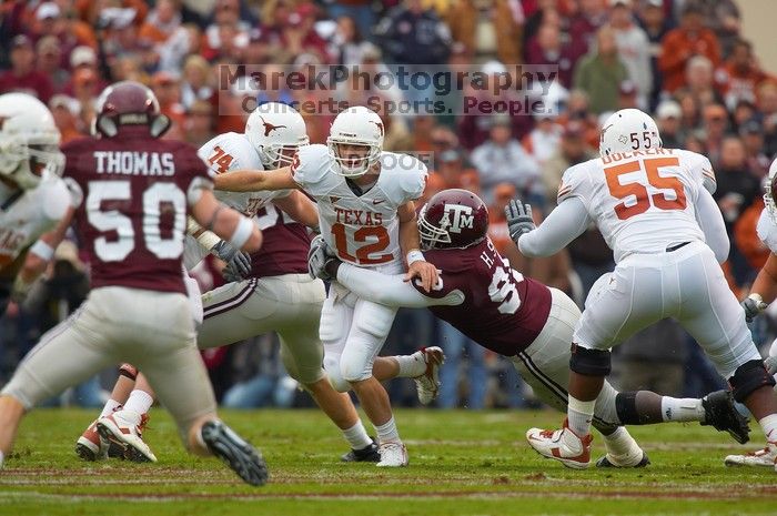 The University of Texas, Austin played Texas A&M in football at Kyle Field, College Station, on November 23, 2007.  UT lost to the Aggies, 30 to 38.

Filename: SRM_20071123_1555026.jpg
Aperture: f/5.6
Shutter Speed: 1/640
Body: Canon EOS-1D Mark II
Lens: Canon EF 300mm f/2.8 L IS