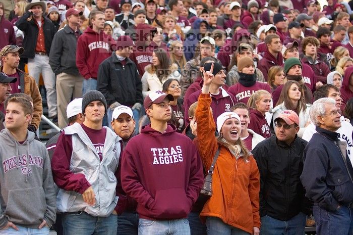 The University of Texas, Austin played Texas A&M in football at Kyle Field, College Station, on November 23, 2007.  UT lost to the Aggies, 30 to 38.

Filename: SRM_20071123_1802425.jpg
Aperture: f/2.8
Shutter Speed: 1/250
Body: Canon EOS-1D Mark II
Lens: Canon EF 80-200mm f/2.8 L