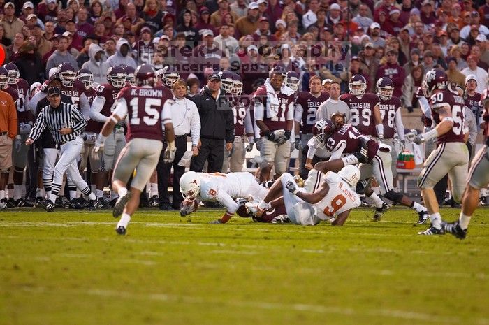 The University of Texas, Austin played Texas A&M in football at Kyle Field, College Station, on November 23, 2007.  UT lost to the Aggies, 30 to 38.

Filename: SRM_20071123_1812142.jpg
Aperture: f/2.8
Shutter Speed: 1/500
Body: Canon EOS-1D Mark II
Lens: Canon EF 300mm f/2.8 L IS